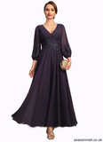 Makenzie A-line V-Neck Ankle-Length Chiffon Lace Mother of the Bride Dress With Sequins STAP0021655