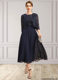 Hadassah A-line Boat Neck Illusion Tea-Length Chiffon Lace Mother of the Bride Dress With Sequins STAP0021658