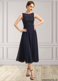 Hadassah A-line Boat Neck Illusion Tea-Length Chiffon Lace Mother of the Bride Dress With Sequins STAP0021658