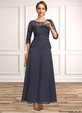 Kaitlin A-line Scoop Illusion Ankle-Length Chiffon Lace Mother of the Bride Dress With Beading Rhinestone STAP0021659