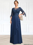 Erika A-line Scoop Illusion Floor-Length Chiffon Lace Mother of the Bride Dress With Cascading Ruffles Sequins STAP0021671