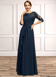 Maya A-line Scoop Floor-Length Chiffon Lace Mother of the Bride Dress With Cascading Ruffles Sequins STAP0021673