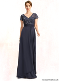 Hadassah A-line V-Neck Floor-Length Chiffon Lace Mother of the Bride Dress With Beading Cascading Ruffles Sequins STAP0021675