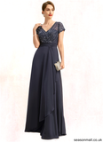 Hadassah A-line V-Neck Floor-Length Chiffon Lace Mother of the Bride Dress With Beading Cascading Ruffles Sequins STAP0021675