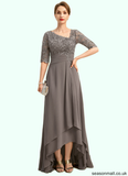 Brielle A-line Asymmetrical Asymmetrical Chiffon Lace Mother of the Bride Dress With Pleated Sequins STAP0021688