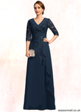 Pearl A-line V-Neck Floor-Length Chiffon Lace Mother of the Bride Dress With Cascading Ruffles Sequins STAP0021691