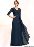 Pearl A-line V-Neck Floor-Length Chiffon Lace Mother of the Bride Dress With Cascading Ruffles Sequins STAP0021691