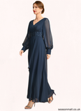 Bella A-line V-Neck Ankle-Length Chiffon Mother of the Bride Dress With Beading Cascading Ruffles Sequins STAP0021698