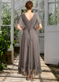 Adelaide A-line V-Neck Asymmetrical Chiffon Lace Mother of the Bride Dress With Pleated STAP0021699