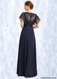 Abigail A-line V-Neck Floor-Length Chiffon Lace Mother of the Bride Dress With Cascading Ruffles Sequins STAP0021738