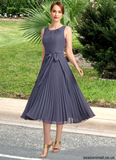 Ivy A-line Scoop Tea-Length Chiffon Mother of the Bride Dress With Bow Pleated STAP0021763