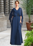 Christine A-line V-Neck Floor-Length Chiffon Mother of the Bride Dress With Beading Cascading Ruffles STAP0021766