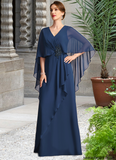 Christine A-line V-Neck Floor-Length Chiffon Mother of the Bride Dress With Beading Cascading Ruffles STAP0021766