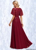 Melody A-line V-Neck Floor-Length Chiffon Lace Mother of the Bride Dress With Sequins STAP0021767