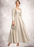 Lily A-line V-Neck Ankle-Length Satin Mother of the Bride Dress With Pleated STAP0021768