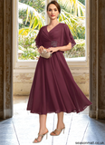 Delilah A-line V-Neck Tea-Length Chiffon Mother of the Bride Dress With Beading Pleated STAP0021774