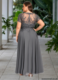 Mara A-line V-Neck Illusion Ankle-Length Chiffon Lace Mother of the Bride Dress With Sequins STAP0021830