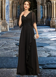 Jan A-line V-Neck Floor-Length Chiffon Mother of the Bride Dress With Beading Cascading Ruffles Sequins STAP0021836