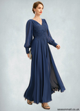 Carina A-line V-Neck Ankle-Length Chiffon Lace Mother of the Bride Dress With Pleated STAP0021908