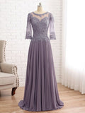 Annie A-Line/Princess Chiffon Lace Scoop 3/4 Sleeves Sweep/Brush Train Mother of the Bride Dresses STAP0020455