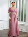 Zoe A-Line/Princess Chiffon Ruched V-neck 1/2 Sleeves Floor-Length Mother of the Bride Dresses STAP0020248