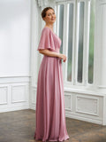 Zoe A-Line/Princess Chiffon Ruched V-neck 1/2 Sleeves Floor-Length Mother of the Bride Dresses STAP0020248