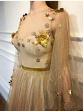 Elegant 3D Flowers Long Sleeve Prom Dresses Golden Rhinestone Evening Dresses STA15143