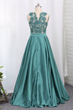 A Line Prom Dresses Satin Scoop With Applique Sweep