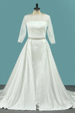 Bateau Mermaid 3/4 Length Sleeves Satin Wedding Dresses Court Train