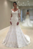 Mermaid/Trumpet Wedding Dresses V Neck Long Sleeves Tulle With Applique And