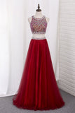Two Pieces Bateau Prom Dress Beaded Bodice A Line Tulle Floor