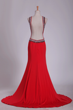 Prom Dresses Sheath Scoop Spandex With Beading Open Back Sweep