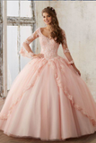 V Neck Quinceanera Dresses Ball Gown Long Sleeves Tulle With