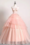 Princess Ball Gown Pink 3D Lace Multi-layered Prom Dresses, Tulle Quinceanera Dresses STA15292
