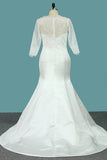 Bateau Mermaid 3/4 Length Sleeves Satin Wedding Dresses Court Train