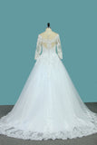 A Line 3/4 Length Sleeves Tulle Scoop Wedding Dresses With