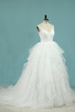 Tulle V Neck A Line With Applique Chapel Train Wedding