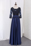 A Line Prom Dresses 3/4 Length Sleeves Scoop Chiffon With Black Applique Floor