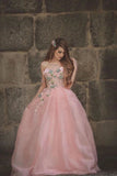 Princess Ball Gown Sweetheart Pink One Shoulder Prom Dresses, Quinceanera Dresses STA15296