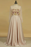 Long Sleeves Satin Scoop A Line Prom Dresses Beaded