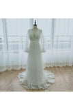A Line Long Sleeves Deep V Neck Lace Backless Wedding Dresses Long Bridal STAPBASH993