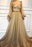 Elegant 3D Flowers Long Sleeve Prom Dresses Golden Rhinestone Evening Dresses STA15143