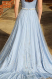Newest Long Sky Blue Strapless Elegant Prom Dresses Cute
