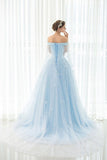 Light Sky Blue Prom Dresses Sweep/Brush Train Tulle Prom Dress/Evening