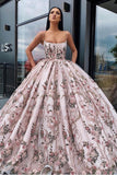 Princess Ball Gown Spaghetti Straps Beads Floral Print Prom Dresses Long Quinceanera Dress STA15294