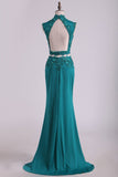Two Pieces High Neck Sheath Prom Dresses With Applique And
