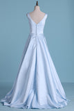 Prom Dresses A Line Scoop Satin Button Sweep