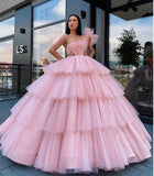 Charming Ball Gown Tulle Pink One Shoulder Long Prom Dresses, Quinceanera Dresses STA15096