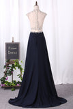 A Line Prom Dresses Scoop Chiffon & Tulle With Beaded Bodice And