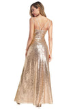 A Line Spaghetti Straps Sequins V Neck Backless Prom Dresses with Side Slit Formal Dress STA15030